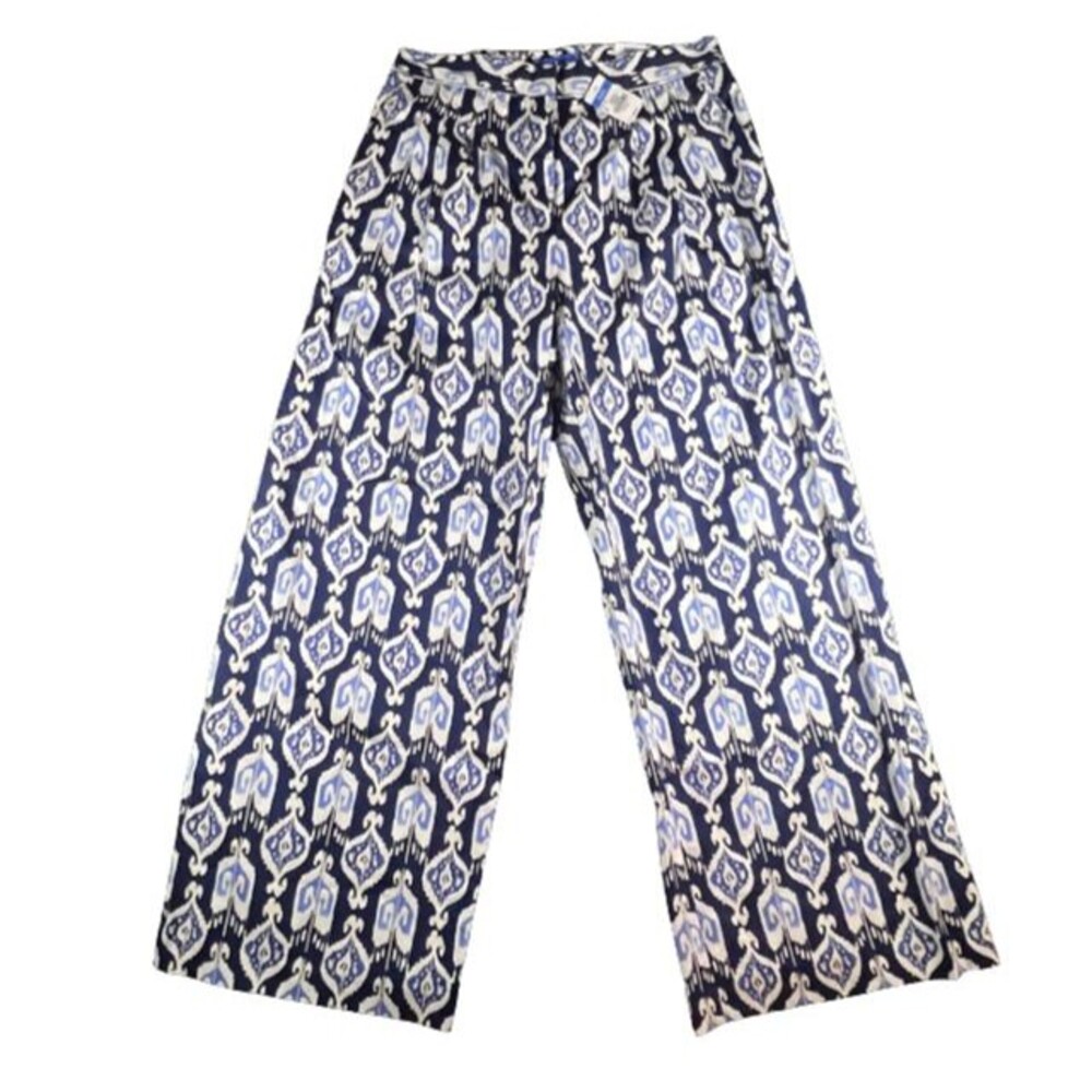 NWT Women J.McLaughlin Amal Ikat Print Wide Leg Pants Blue White Size 8
